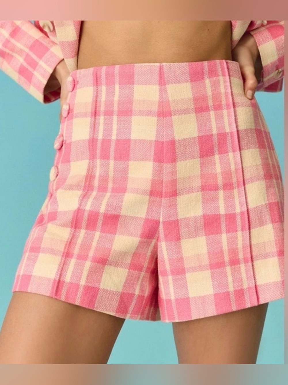 Maeve Anthropologie Pink and Cream Plaid High-Waist Shorts